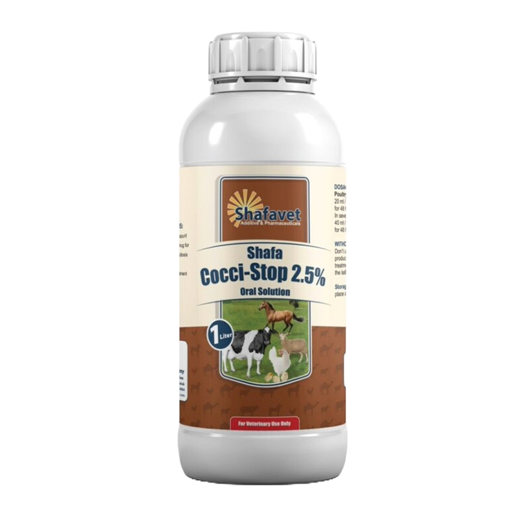 Shafa Cocci-Stop 2.5% bottle – 1 liter veterinary oral solution for prevention and treatment of coccidiosis in poultry, cattle, and other livestock