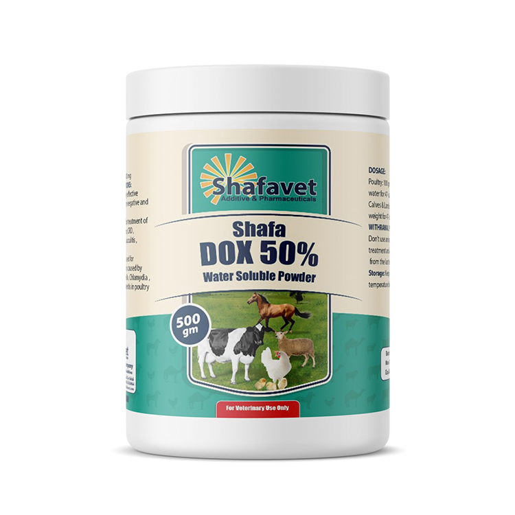 Shafa DOX 50% container – 500 grams water-soluble doxycycline-based antibiotic powder for poultry, cattle, sheep, and horses by Shafavet Pharmaceuticals