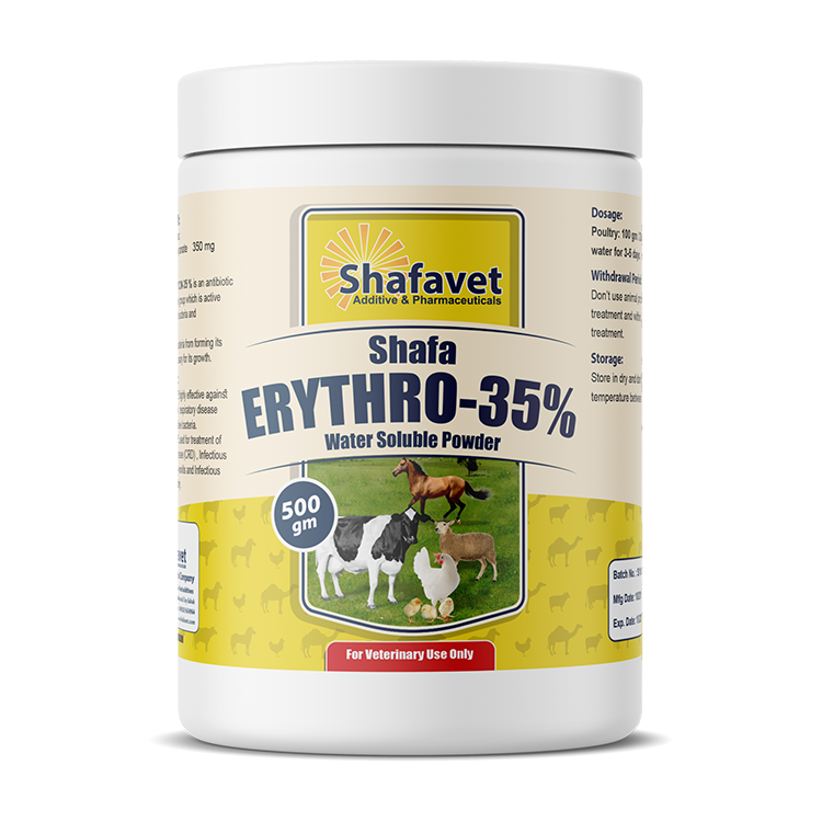 Shafa Erythro-35% container – 500 grams water-soluble erythromycin-based antibiotic powder for livestock and poultry by Shafavet Pharmaceuticals