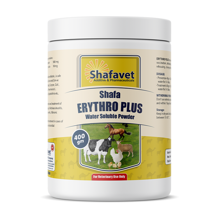 Shafa Erythro Plus 400 gm container – water-soluble veterinary antibiotic powder for livestock and poultry by Shafavet Pharmaceuticals