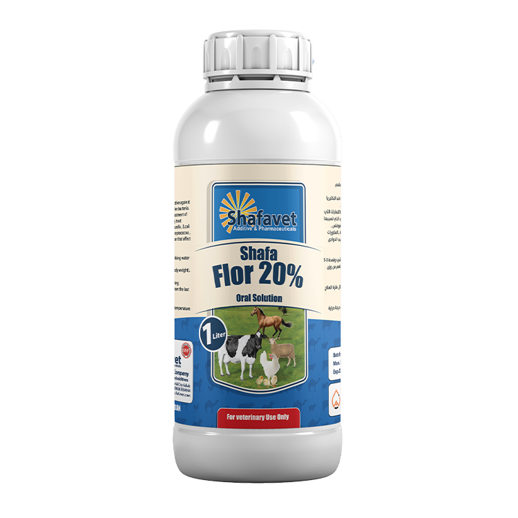 Shafa Flor 20% bottle – 1 liter oral antibiotic solution for poultry, cattle, sheep, and horses by Shafavet Pharmaceuticals